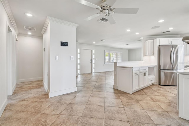 11683 Grove St, Seminole, FL 33772 - kitchen featuring freestanding refrigerator, ornamental molding, recessed lighting, light countertops, and a ceiling fan