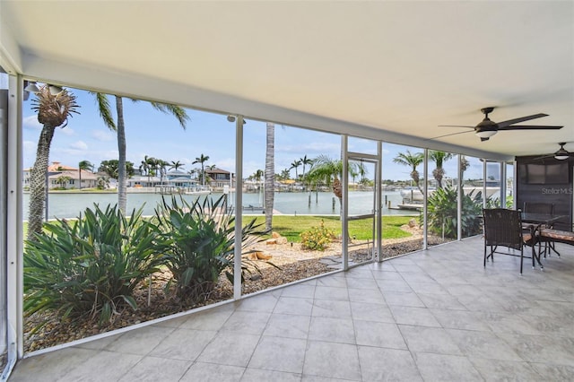 11683 Grove St, Seminole, FL 33772 - sunroom featuring a water view, ceiling fan, and healthy amount of natural light