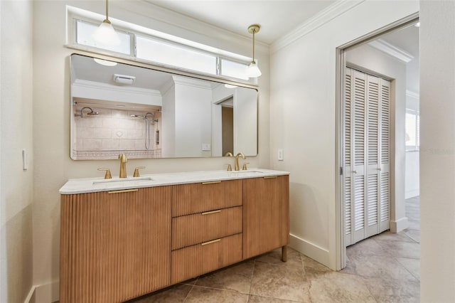 11683 Grove St, Seminole, FL 33772 - full bath featuring ornamental molding, double vanity, and tile patterned flooring