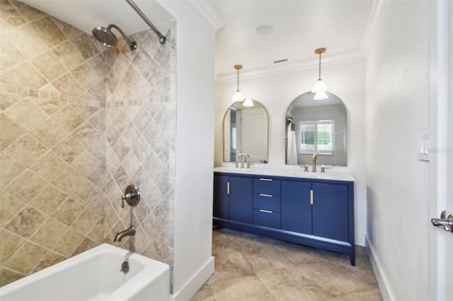 11683 Grove St, Seminole, FL 33772 - full bathroom with ornamental molding, bathing tub / shower combination, double vanity, and tile patterned floors