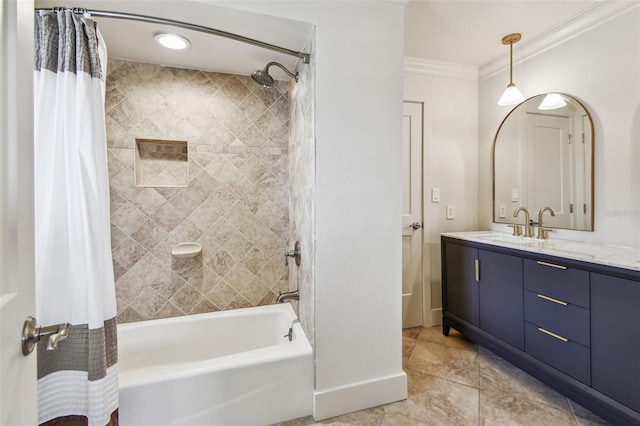 11683 Grove St, Seminole, FL 33772 - bathroom with crown molding, vanity, shower / bathtub combination with curtain, and tile patterned floors