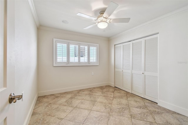 11683 Grove St, Seminole, FL 33772 - unfurnished bedroom featuring crown molding, a closet, and ceiling fan