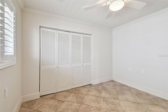 11683 Grove St, Seminole, FL 33772 - unfurnished bedroom with ornamental molding, a closet, and a ceiling fan