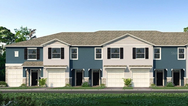 2472 Mellow Ln, Clearwater, FL 33765 - view of property with stone siding, an attached garage, a shingled roof, and stucco siding