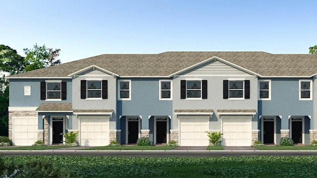 2472 Mellow Ln, Clearwater, FL 33765 - view of property featuring stone siding, an attached garage, roof with shingles, and stucco siding