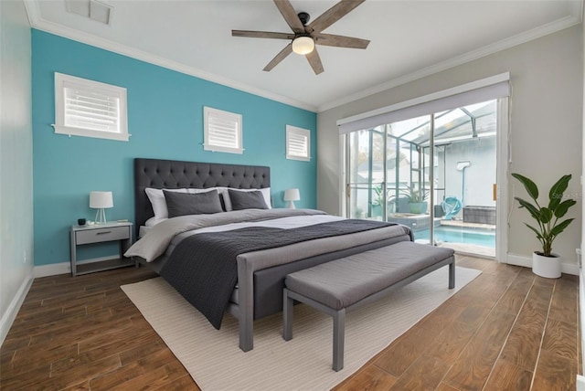 bedroom featuring access to exterior, ceiling fan, dark wood-type flooring, and ornamental molding