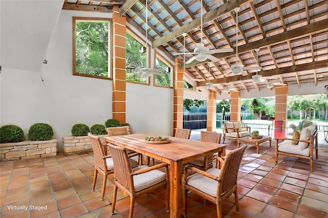 20333 Moss Branch Ct, Lutz, FL 33558 - view of patio featuring ceiling fan, a pergola, and outdoor dining area