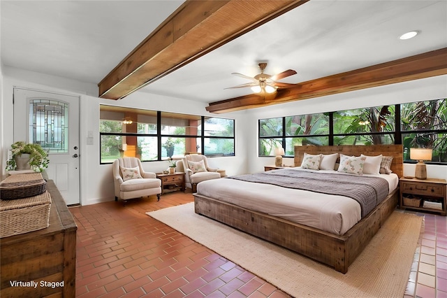 20333 Moss Branch Ct, Lutz, FL 33558 - bedroom with beamed ceiling, recessed lighting, multiple windows, and brick floor