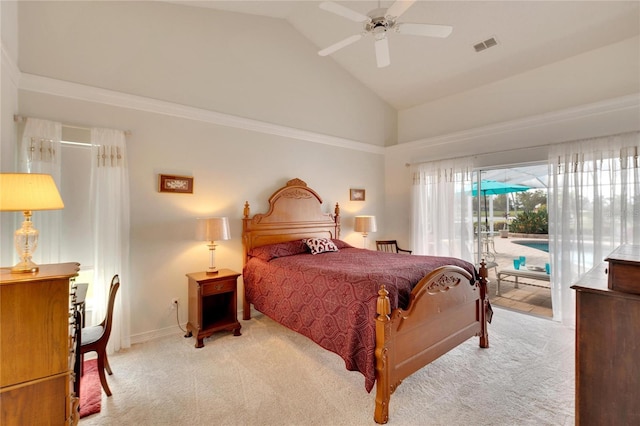 bedroom with light carpet, access to outside, high vaulted ceiling, and ceiling fan