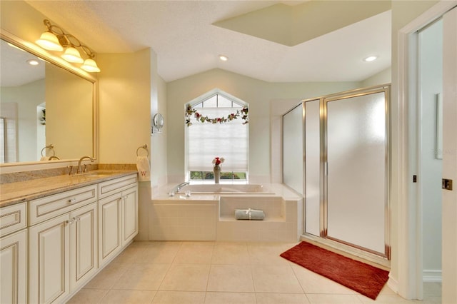 bathroom with tile patterned flooring, plus walk in shower, and lofted ceiling