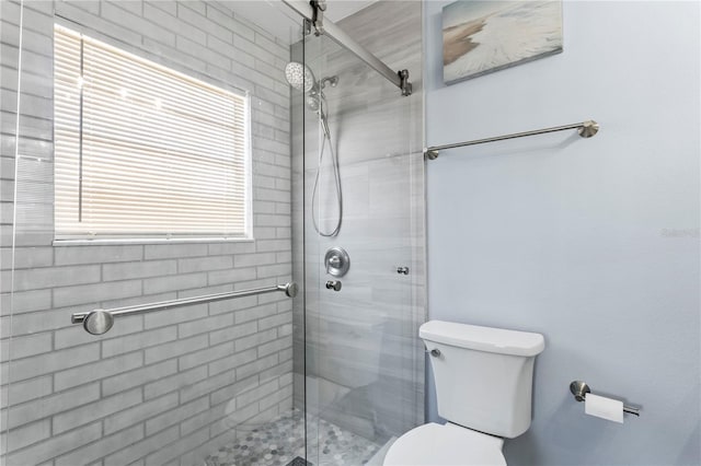 bathroom featuring a shower with door and toilet