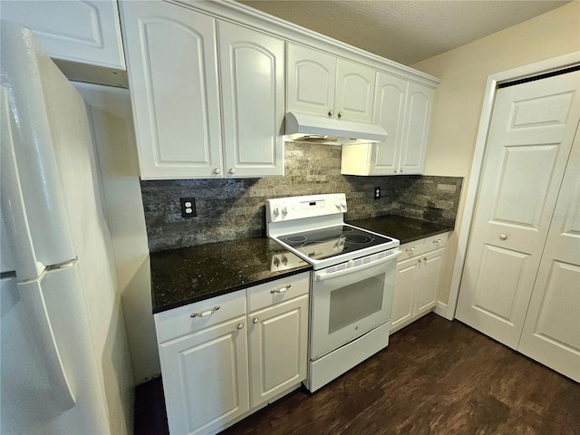 kitchen with dark wood-type flooring, white cabinets, a textured ceiling, tasteful backsplash, and white appliances