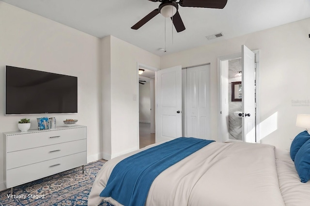 bedroom featuring baseboards, visible vents, and ceiling fan