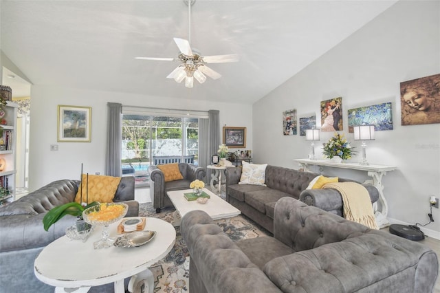 living room featuring vaulted ceiling and ceiling fan