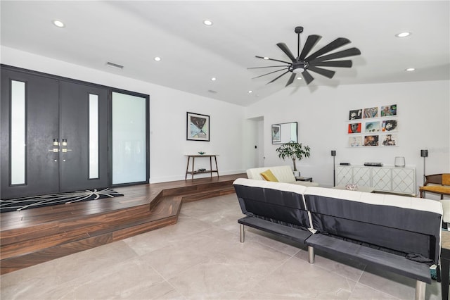 bedroom featuring ceiling fan and vaulted ceiling