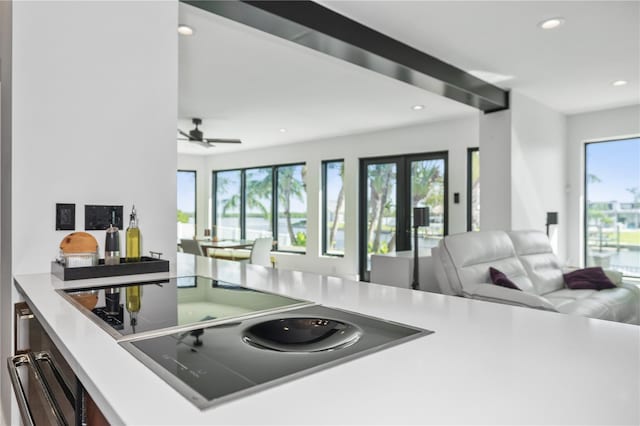 kitchen with ceiling fan and black appliances