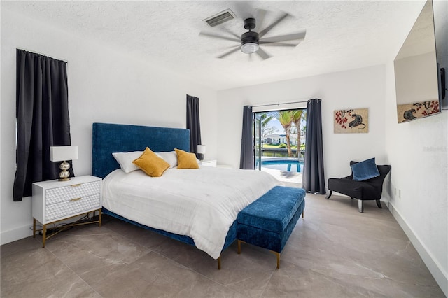 bedroom featuring a textured ceiling, access to outside, and ceiling fan