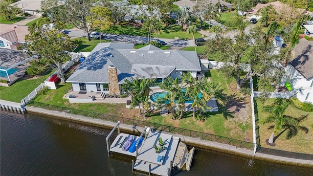 drone / aerial view featuring a water view