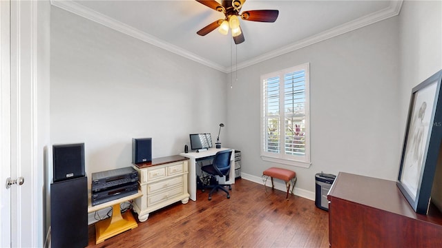 office with crown molding, ceiling fan, and dark hardwood / wood-style floors