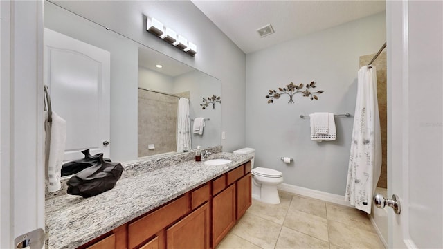 full bathroom featuring shower / bathtub combination with curtain, tile patterned floors, toilet, and vanity