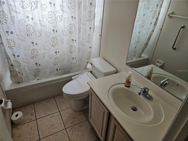 full bathroom featuring tile patterned floors, vanity, shower / tub combo, and toilet