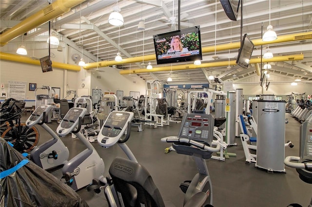 exercise room featuring high vaulted ceiling