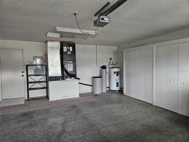 garage featuring heating unit, a garage door opener, and water heater