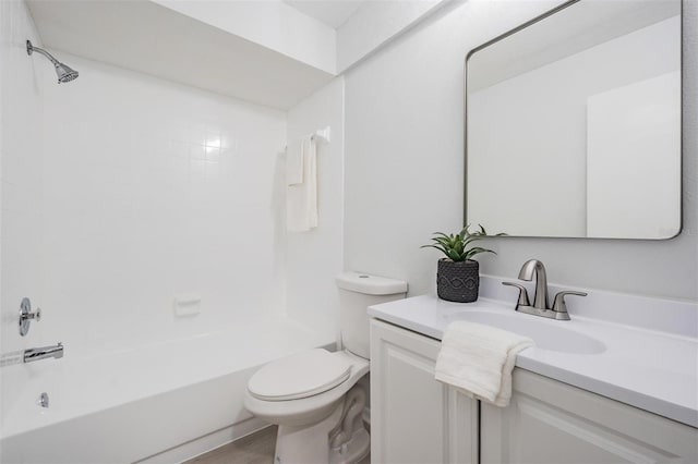 full bathroom with bathing tub / shower combination, vanity, wood-type flooring, and toilet