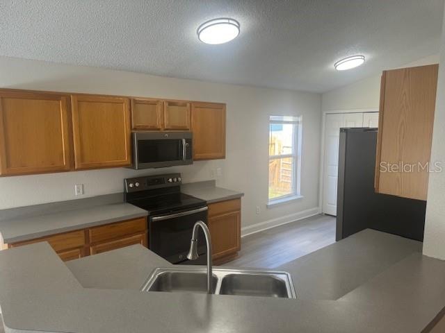 kitchen with sink, stainless steel appliances, wood-type flooring, a textured ceiling, and lofted ceiling