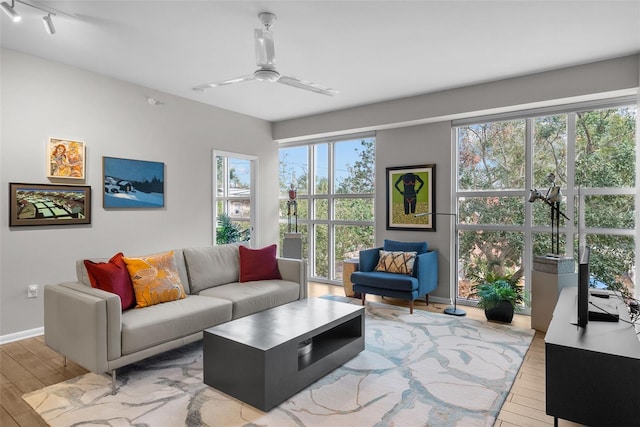 living room with rail lighting, light hardwood / wood-style flooring, a wealth of natural light, and ceiling fan