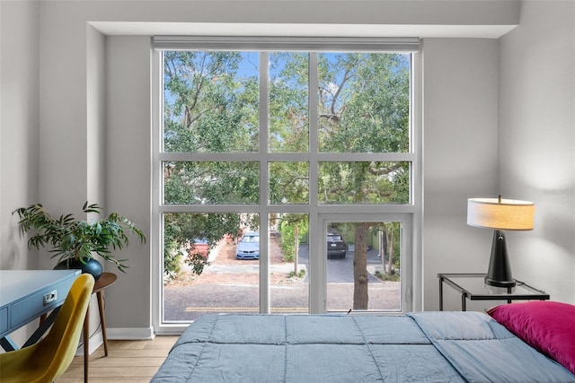 bedroom with light hardwood / wood-style flooring and multiple windows