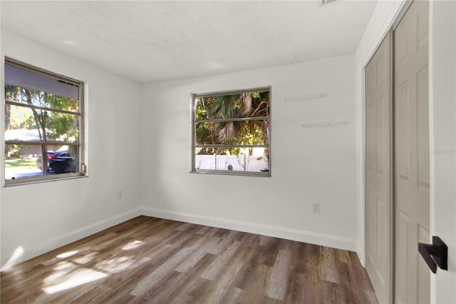 empty room featuring a textured ceiling, wood-type flooring, and plenty of natural light