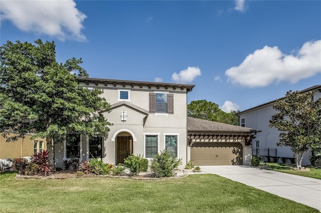 view of front of house with a garage and a front lawn