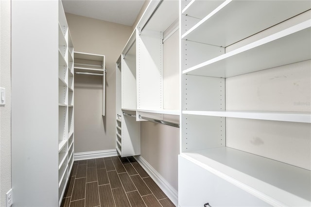 walk in closet with dark hardwood / wood-style floors