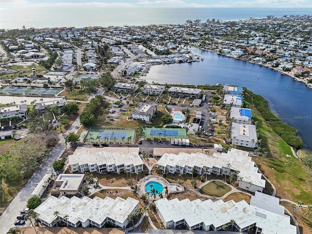 drone / aerial view with a water view