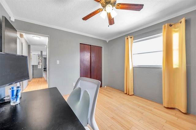 home office featuring a textured ceiling, ceiling fan, light wood-type flooring, and crown molding