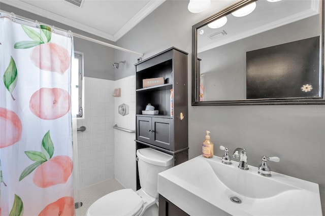 bathroom with vanity, curtained shower, toilet, and ornamental molding