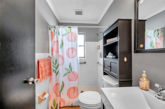 bathroom featuring crown molding, toilet, and walk in shower