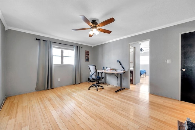 office area featuring ceiling fan, ornamental molding, and light wood-type flooring