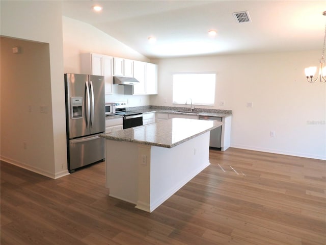 kitchen with dark hardwood / wood-style flooring, stainless steel appliances, vaulted ceiling, sink, and a kitchen island