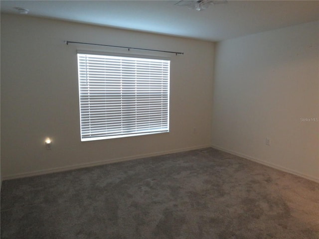 carpeted spare room with ceiling fan