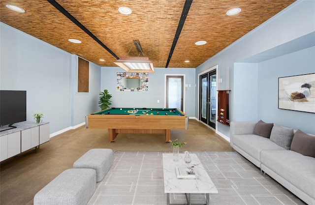 game room with wood ceiling, pool table, and light colored carpet