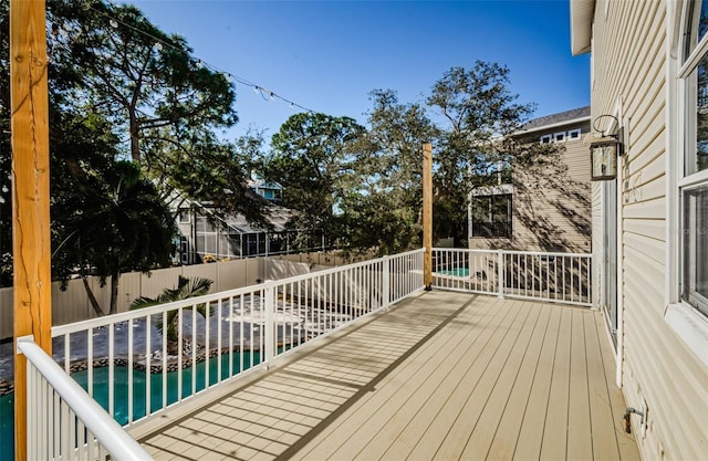 deck with a fenced in pool