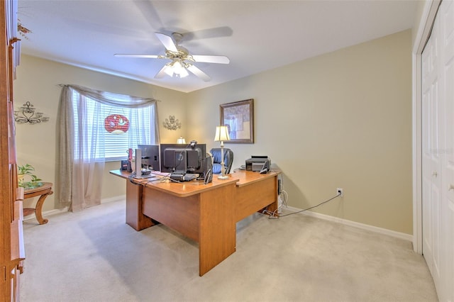 5315 Cedarshake Ln, Valrico, FL 33596 - office area featuring light colored carpet, a ceiling fan, and baseboards
