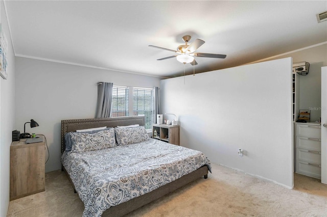 bedroom featuring light carpet, ceiling fan, and crown molding