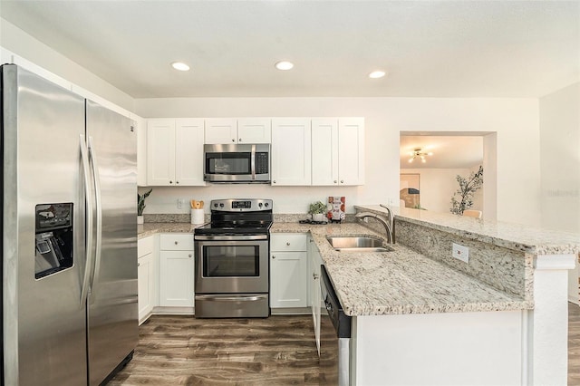 kitchen featuring kitchen peninsula, sink, white cabinets, and appliances with stainless steel finishes