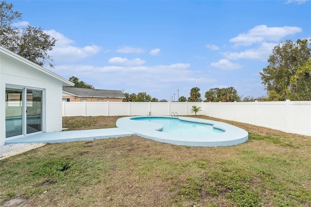 view of pool featuring a lawn, a fenced backyard, and a fenced in pool