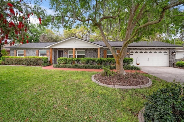 ranch-style home with a garage and a front lawn