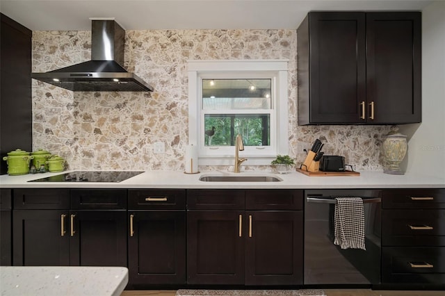 kitchen featuring stainless steel dishwasher, wall chimney range hood, sink, and black electric cooktop