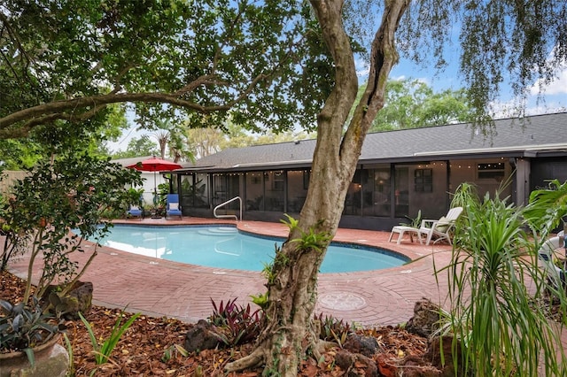 view of swimming pool with a patio area and a sunroom